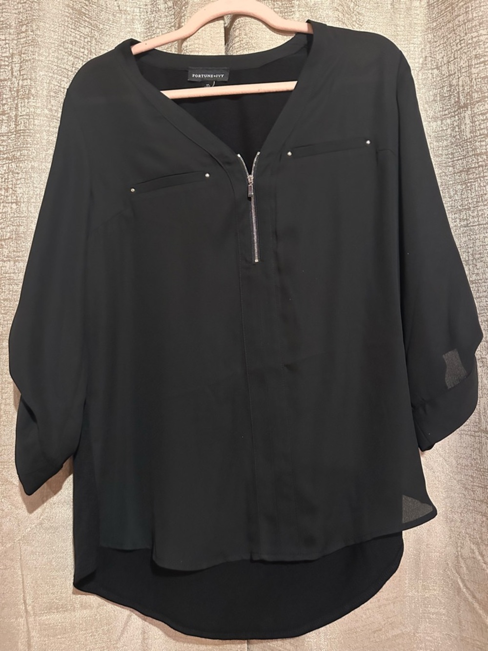 Fortune + Ivy Black Zip-Front Blouse with Stud Detail
